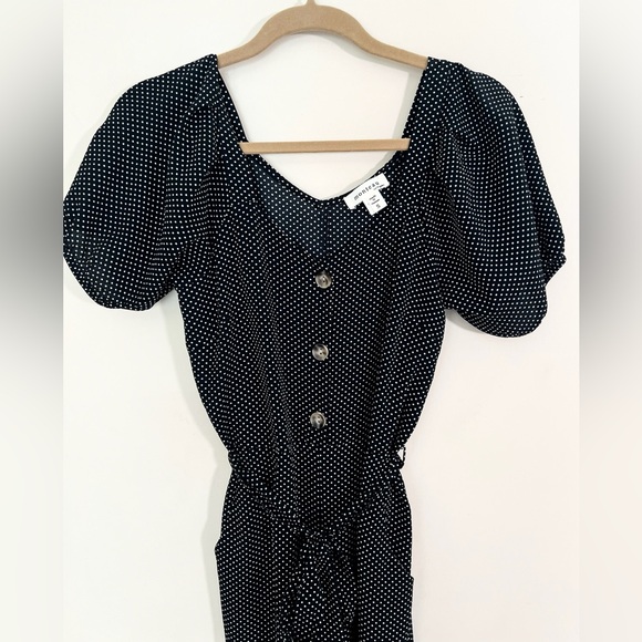 MONTEAU LOS ANGELES Juniors Retro Puff Sleeve Polka Dot Belted Jumpsuit Size S - Picture 3 of 13